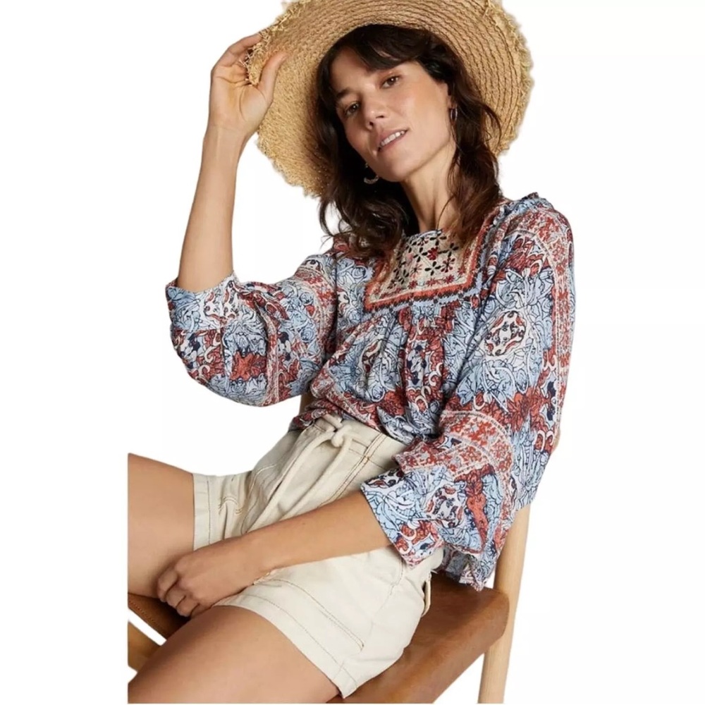 Anthropologie Seen Worn Kept Minuet Blouse Women's M Blue Embroidered Flowy Boho